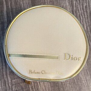 DIOR Parfums Ivory Vanity Round Makeup Pouch Metallic Gold Logo Zip Small.